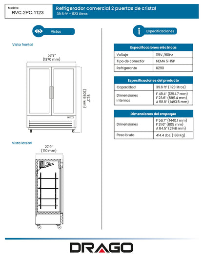 Refrigerador Comercial Vertical Drago 39.6 Pies Rvc-2pc-1123 Negro