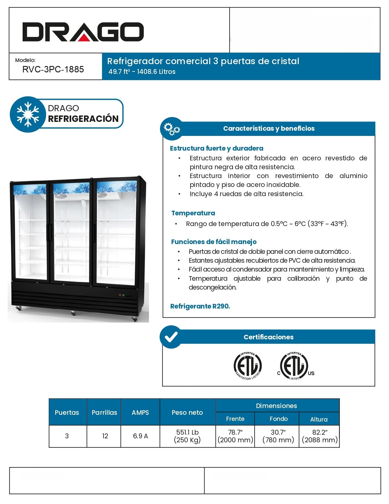 Refrigerador Comercial Vertical Drago 49.7 Pies Rvc-3pc-1885 Negro