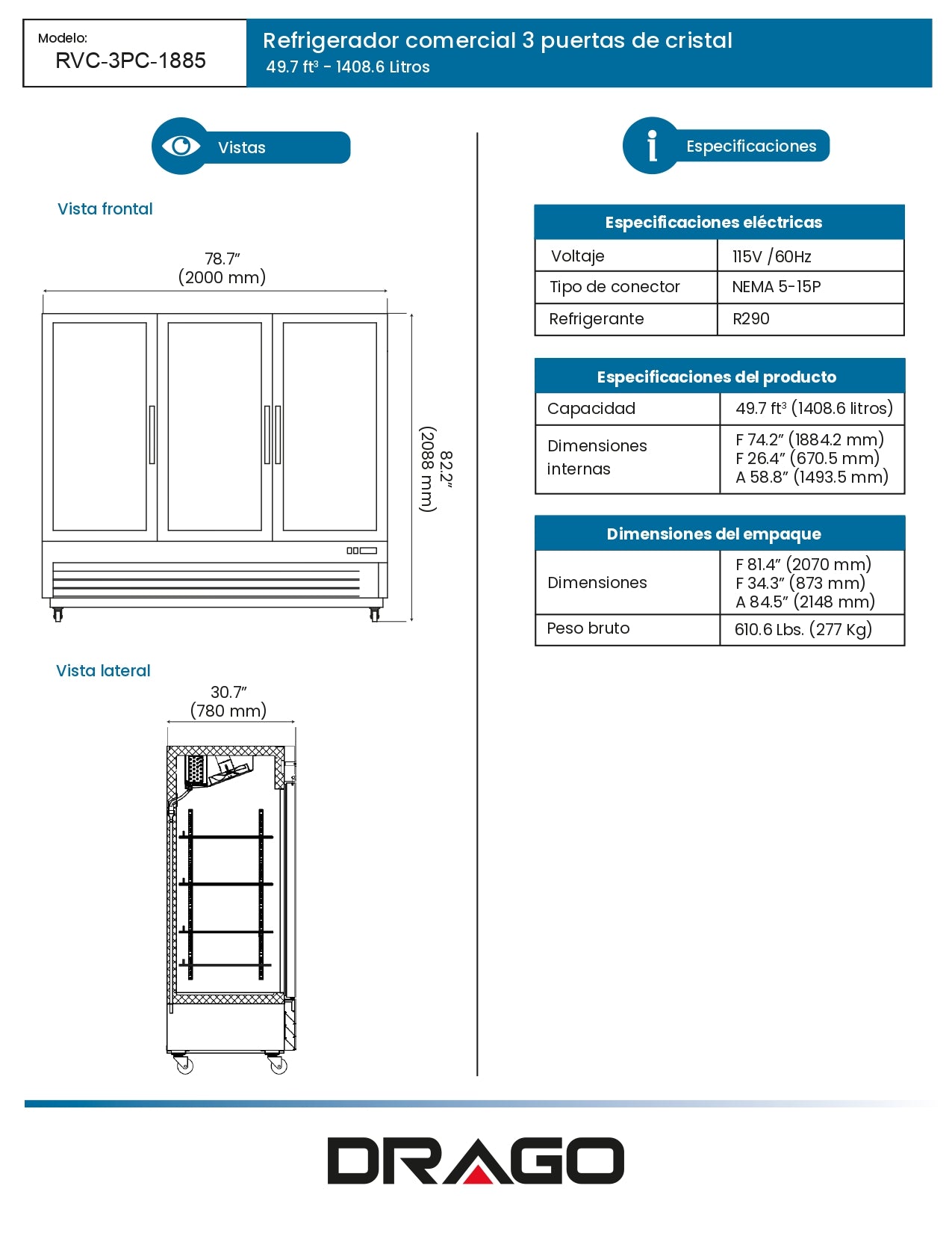 Refrigerador Comercial Vertical Drago 49.7 Pies Rvc-3pc-1885 Negro