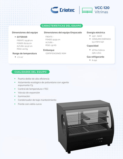 Vitrina Refrigerada Criotec Vcc-120 Cristal Curvo Pastelera 0°C A 10°c