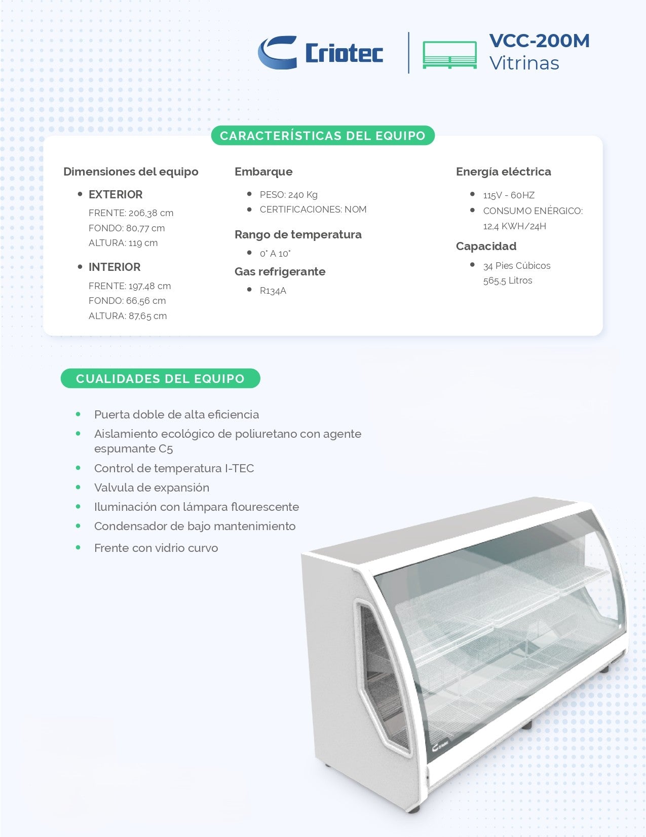 Vitrina Refrigerada Criotec Vcc200 Cremera 0° A 10°c Cristal Curvo