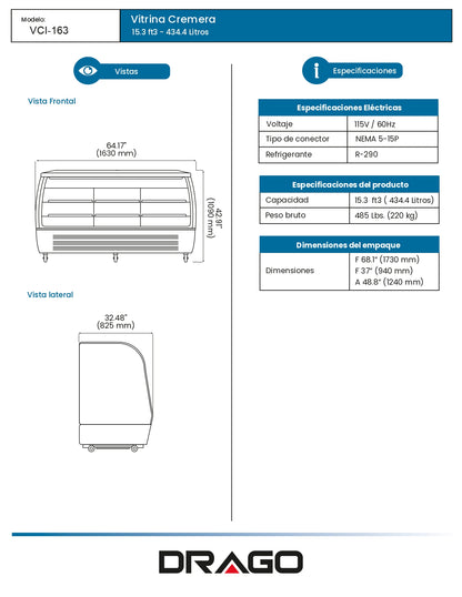 Vitrina Refrigerada Cremera Drago Vci-163 0°c A 6°c Cristal Curvo