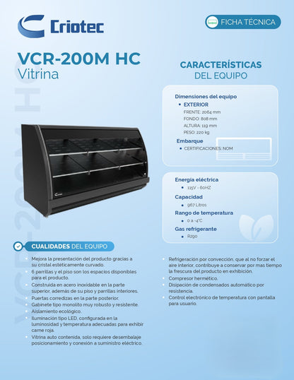 Vitrina Carnicera Criotec Vcr-200hc 0°c A -4°c 967L Cristal Curvo