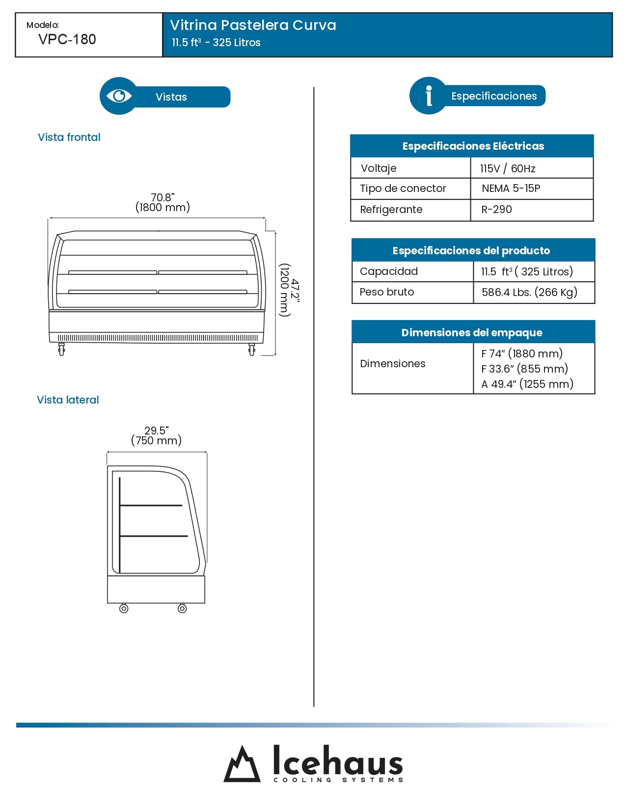Vitrina Refrigerada Pastelera Icehaus Vpc-180 Vidrio Curvo 2°C A 8°C