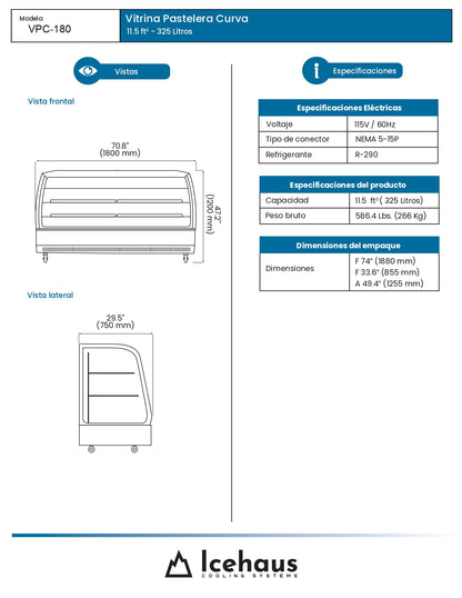 Vitrina Refrigerada Pastelera Icehaus Vpc-180 Vidrio Curvo 2°C A 8°C