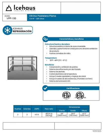 Vitrina Refrigerada Pastelera Icehaus Vpp-150 Cristal Recto 2°C A 8°C
