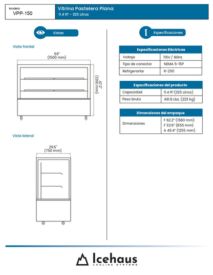 Vitrina Refrigerada Pastelera Icehaus Vpp-150 Cristal Recto 2°C A 8°C