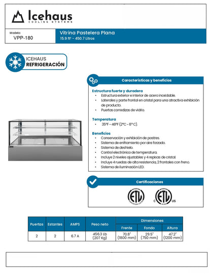 Vitrina Refrigerada Pastelera Icehaus Vpp-180 Vidrio Recto 2°C A 8°C
