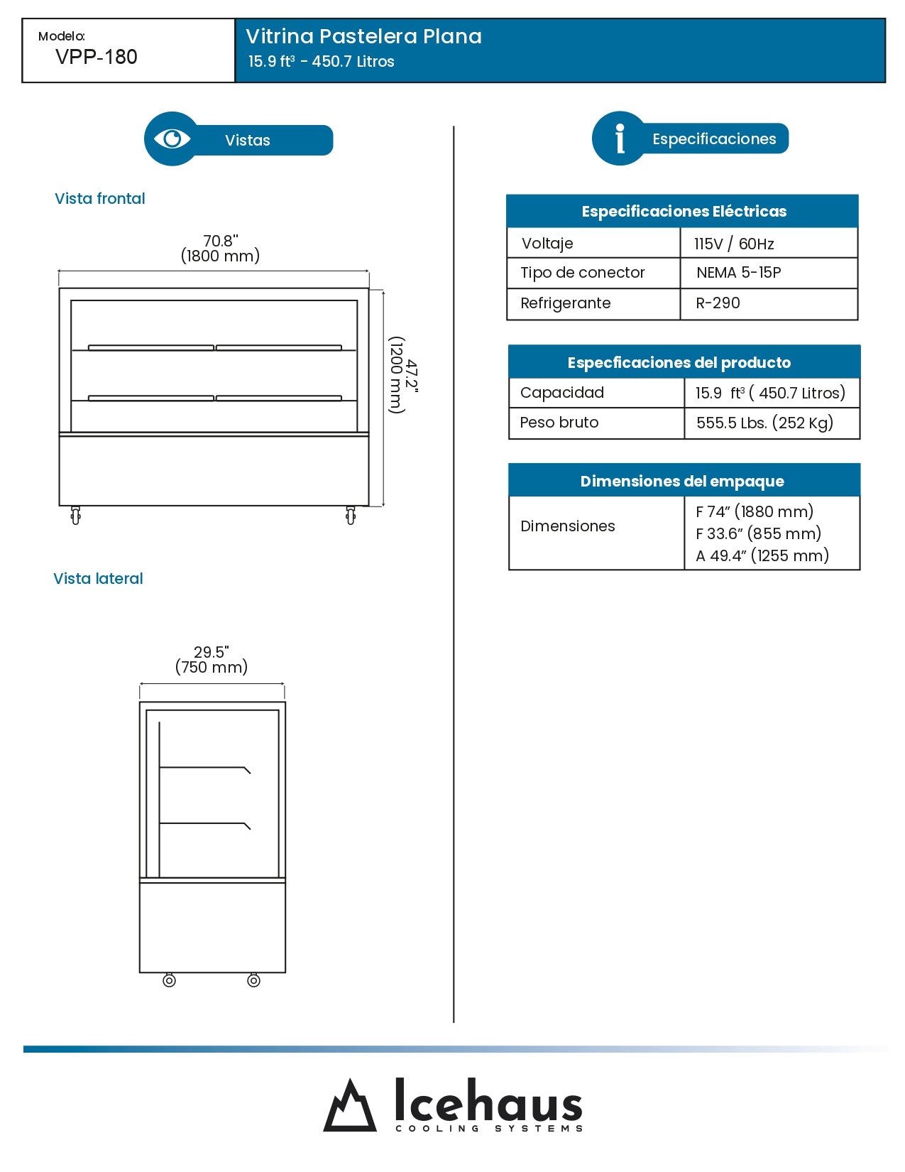 Vitrina Refrigerada Pastelera Icehaus Vpp-180 Vidrio Recto 2°C A 8°C