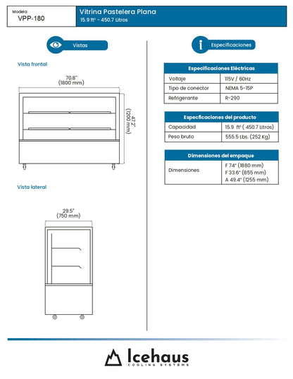 Vitrina Refrigerada Pastelera Icehaus Vpp-180 Vidrio Recto 2°C A 8°C
