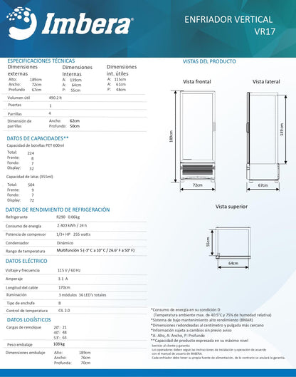 Refrigerador Comercial Imbera 17pies Vr17 -3°c A 10°c Blanco 4 Parrillas