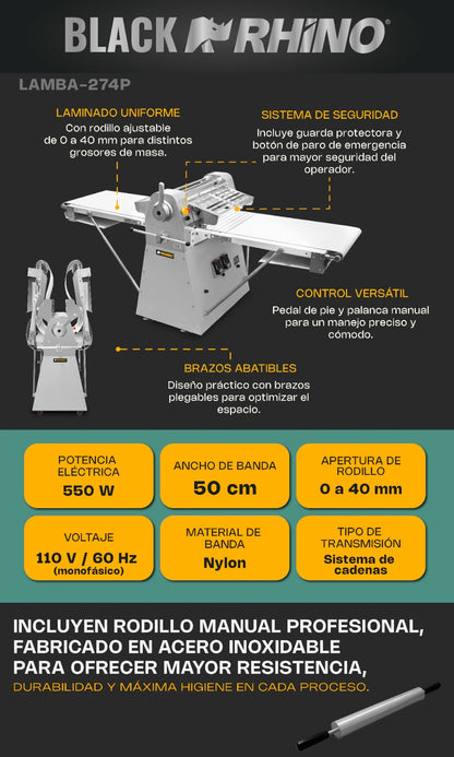 Laminadora De Masa En Piso Con Bandas Reversibles Rhino LAMBA-274P 550w Apertura de 0 a 40 mm