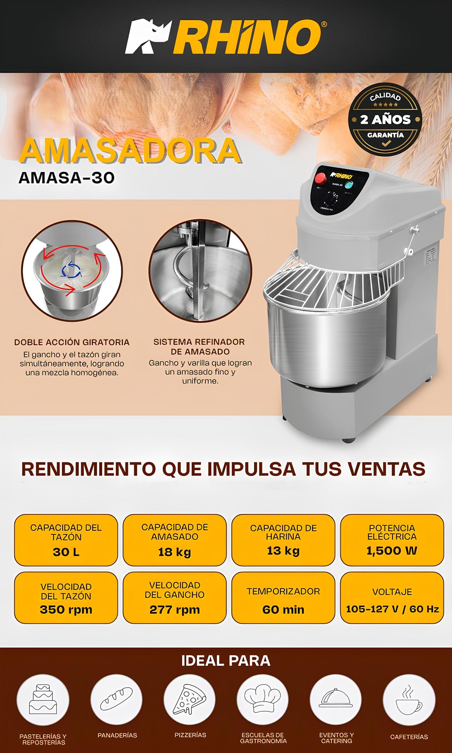 Amasadora Industrial Comercial 30 Litros Rhino AMASA-30 1,500W Doble acción giratoria