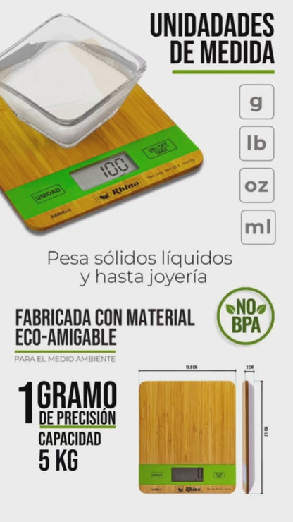 Báscula Digital Rhino Cocina Elegante Bambu5 Kg Precisión 1g Capacidad Máxima 5 Kg