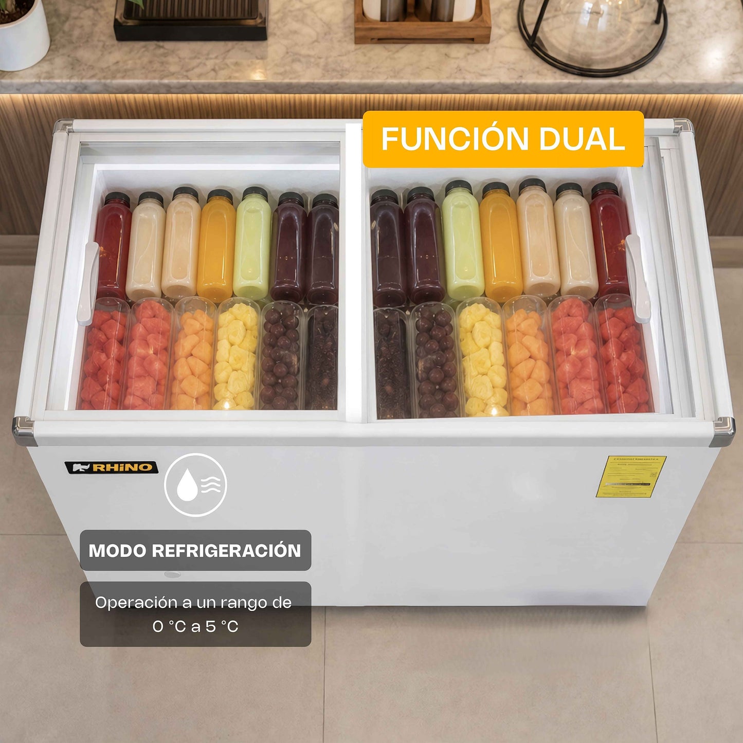 Congelador Horizontal Rhino de 161L con Tapa de Cristal y Función Dual
