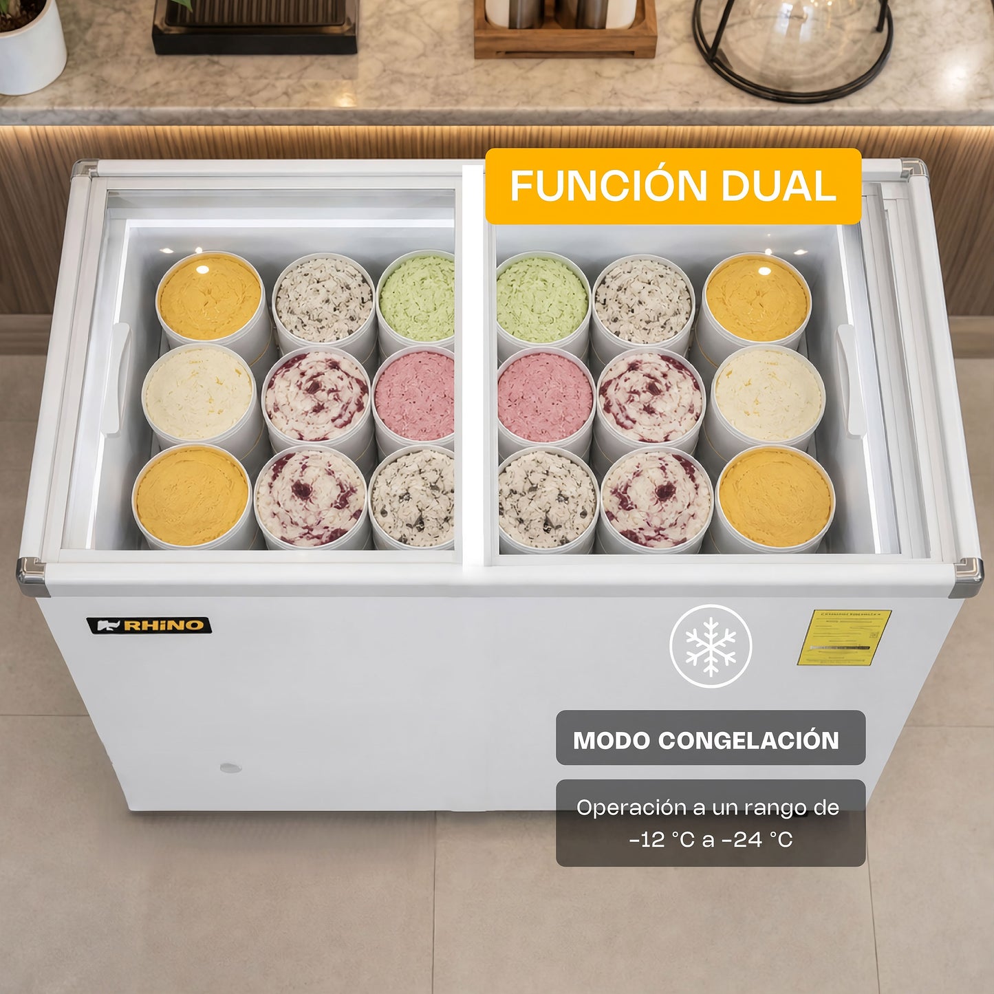 Congelador Horizontal Rhino de 161L con Tapa de Cristal y Función Dual